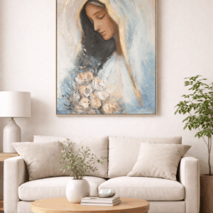 Obraz Panna Mária s kvetmi | moderný kresťanský obraz na stenu | duchovné umenie | print na plátne / poster