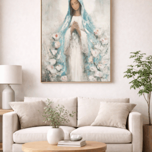 Obraz Panna Mária v modlitbe s kvetmi | kresťanský obraz na stenu | jemné duchovné umenie | print na plátne / poster