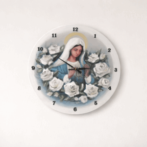 Nástenné hodiny s obrazom Panny Márie – moderný kruhový dizajn 50 cm