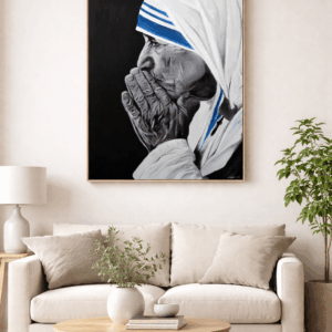 Moderný obraz – Matka Tereza v modlitbe | čierno-biely portrét | duchovné umenie na stenu | print / plátno