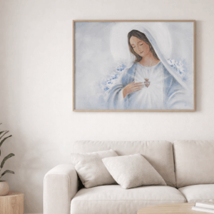 Obraz Panna Mária – moderný duchovný obraz na stenu (print / reprodukcia) | jemné modré tóny | FITART