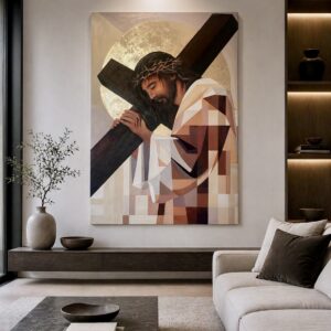 Ježiš nesie kríž I REPRODUKCIA moderný kresťanský obraz so zlatou svätožiarou I FITART I PRINT NA PLÁTNE